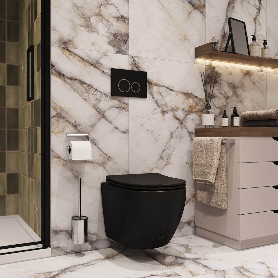 Унитаз подвесной Ceruttispa ТИЧИНО (TICINO) Aria MB CT8918 черный матовый, ТЕРМООБЖИГ (не плёнка) безободковый (485х365х350) — фото 1